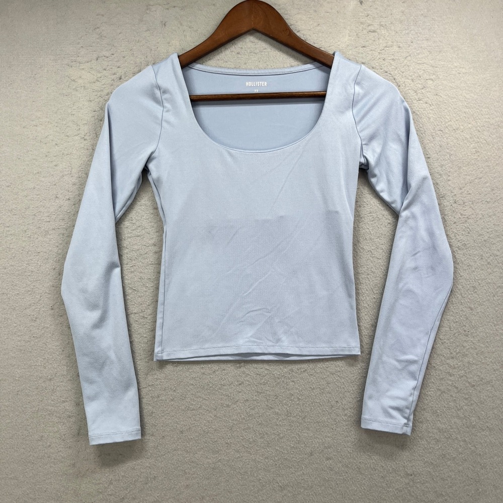 Hollister Scoop Neck Top Womens XS Light Blue Long Sleeve Slim Fit Basic Y2K